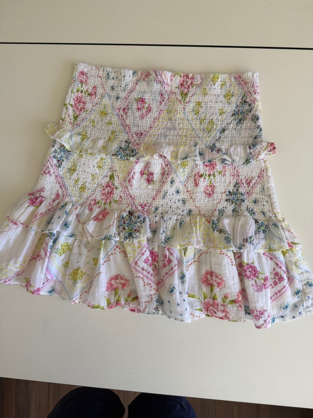 LoveShackFancy White Floral Smocked Ruffle Mini Skirt M